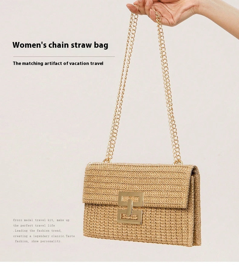 Chain Flap Screw Lock Straw Bag