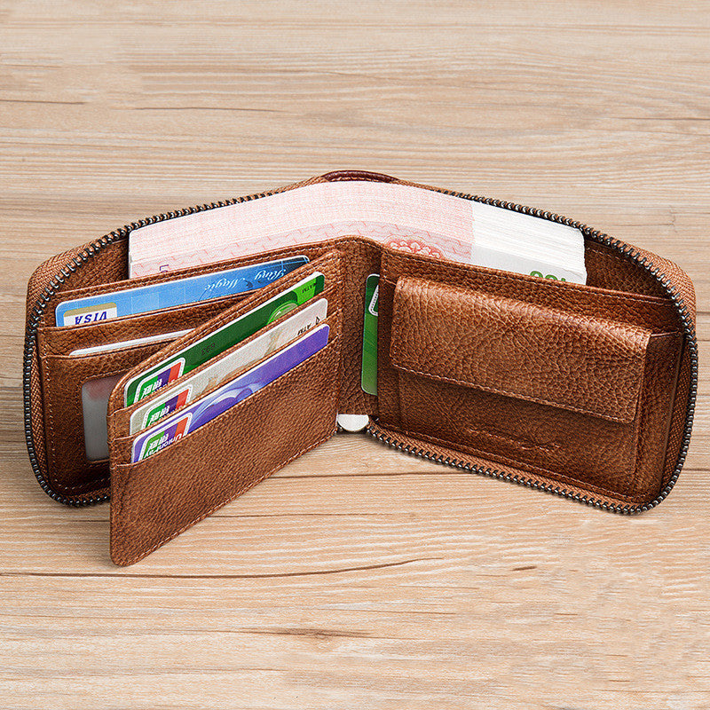 First Layer Cowhide Zipper Card Holder Driver's License Wallet