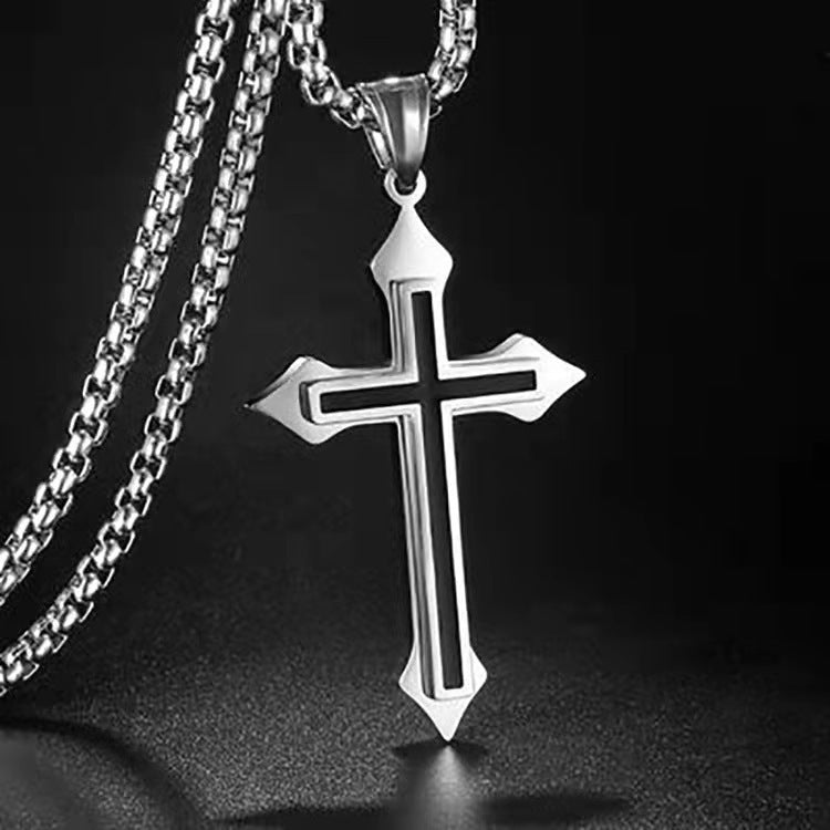 Titanium Steel Men Black Cross Pendant Necklace