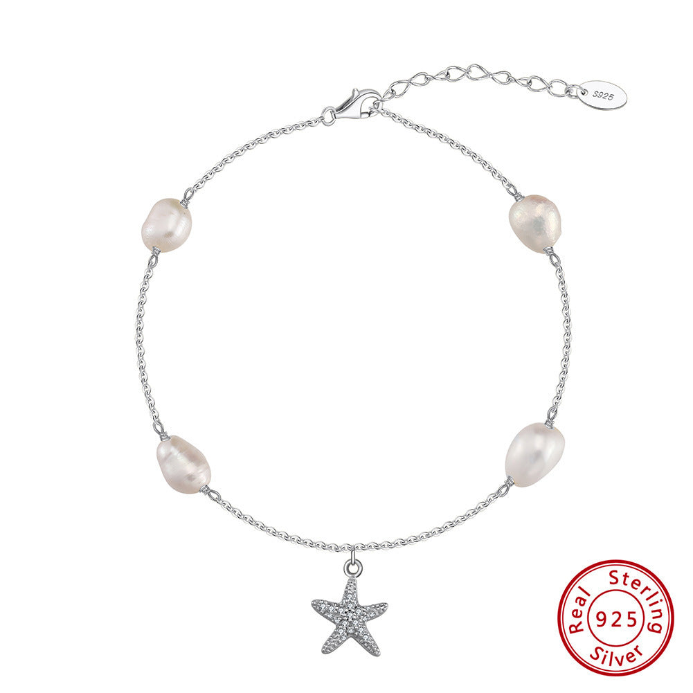 S925 Sterling Silver Beach Style Pearl Five-pointed Star Pendant Anklet