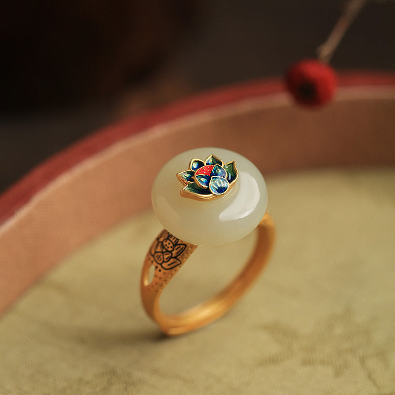 Gold Inlaid Hetian Jade Enamel Lotus Open Ring