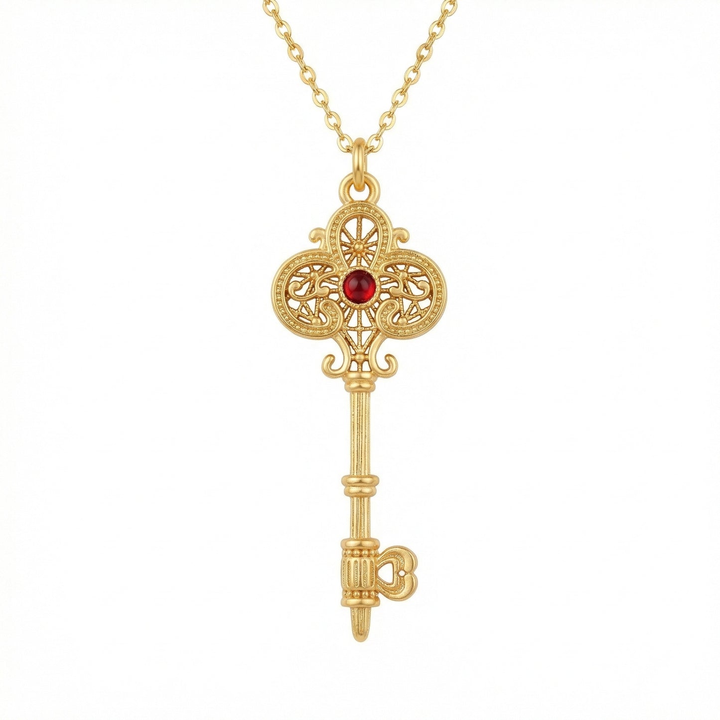 925 Sterling Silver Ornate Filigree Skeleton Key Necklace with Radiant Red Center Stone