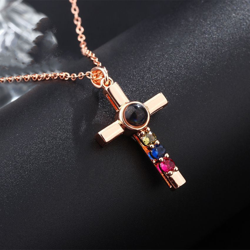 Colorful Diamond Cross Projection In Languages, I Love You Necklace