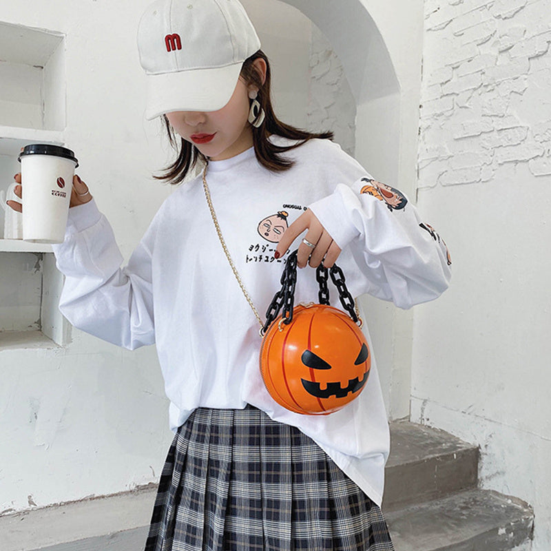 Halloween Cartoon Pumpkin Ball Handbags With Chain Personality Creative Funny Shoulder Bags