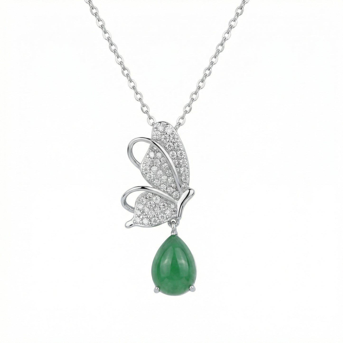 925 Sterling Silver Elegant Silver Butterfly Necklace with Sparkling Pave Accents and a Green Teardrop Gemstone