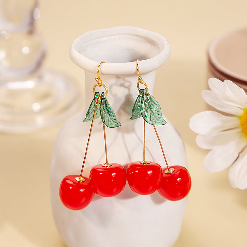 Delicate Green Leaf Cherry Resin Earrings