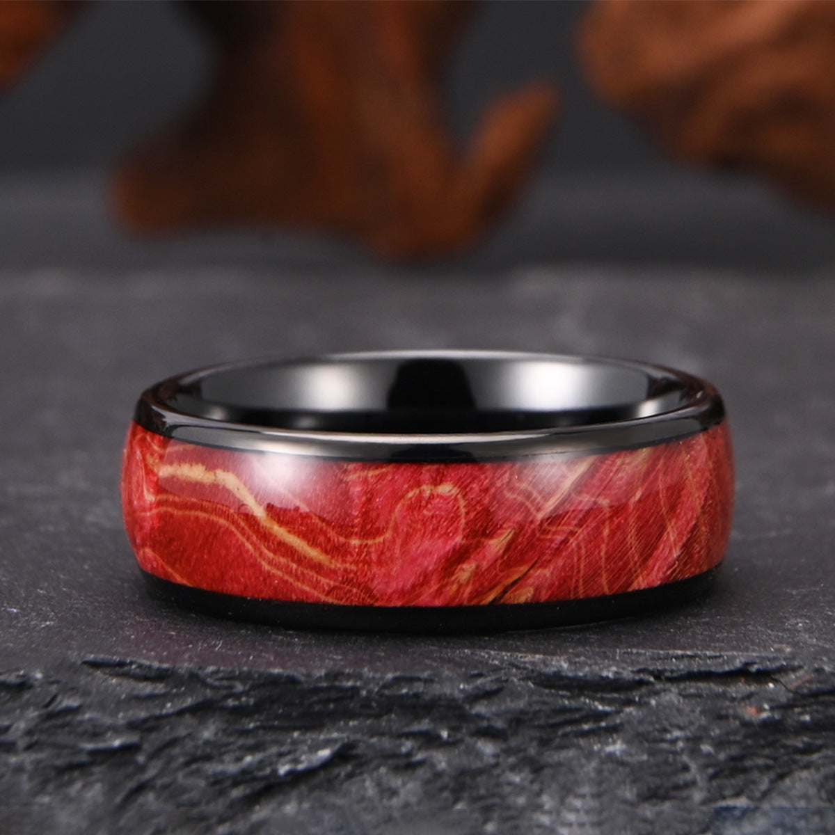 8 Wide Electric Black Tungsten Steel Inlaid Wood Men's Ring