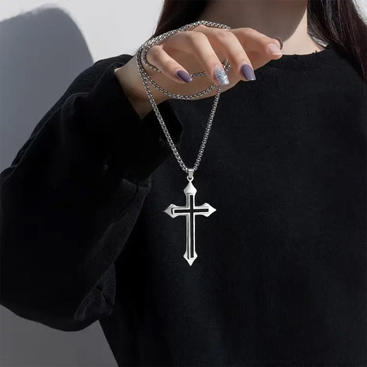 Titanium Steel Men Black Cross Pendant Necklace