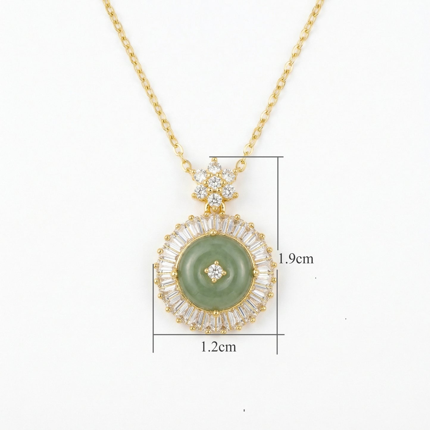 925 Sterling Silver Elegant Green Jade Circle Pendant Necklace with Sparkling Crystal Halo and Floral Bail