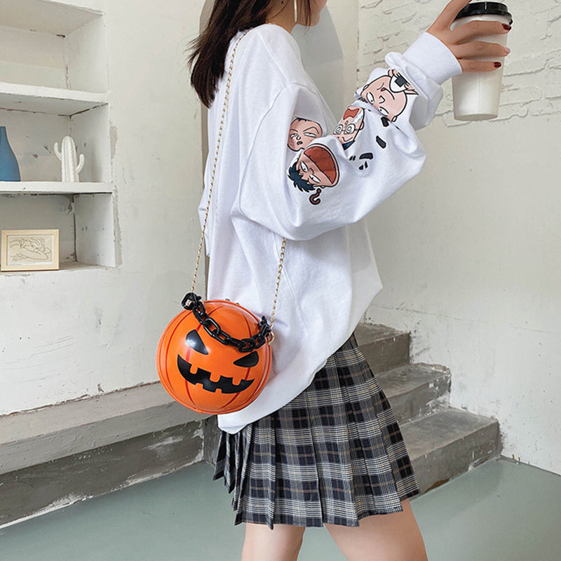 Halloween Cartoon Pumpkin Ball Handbags With Chain Personality Creative Funny Shoulder Bags