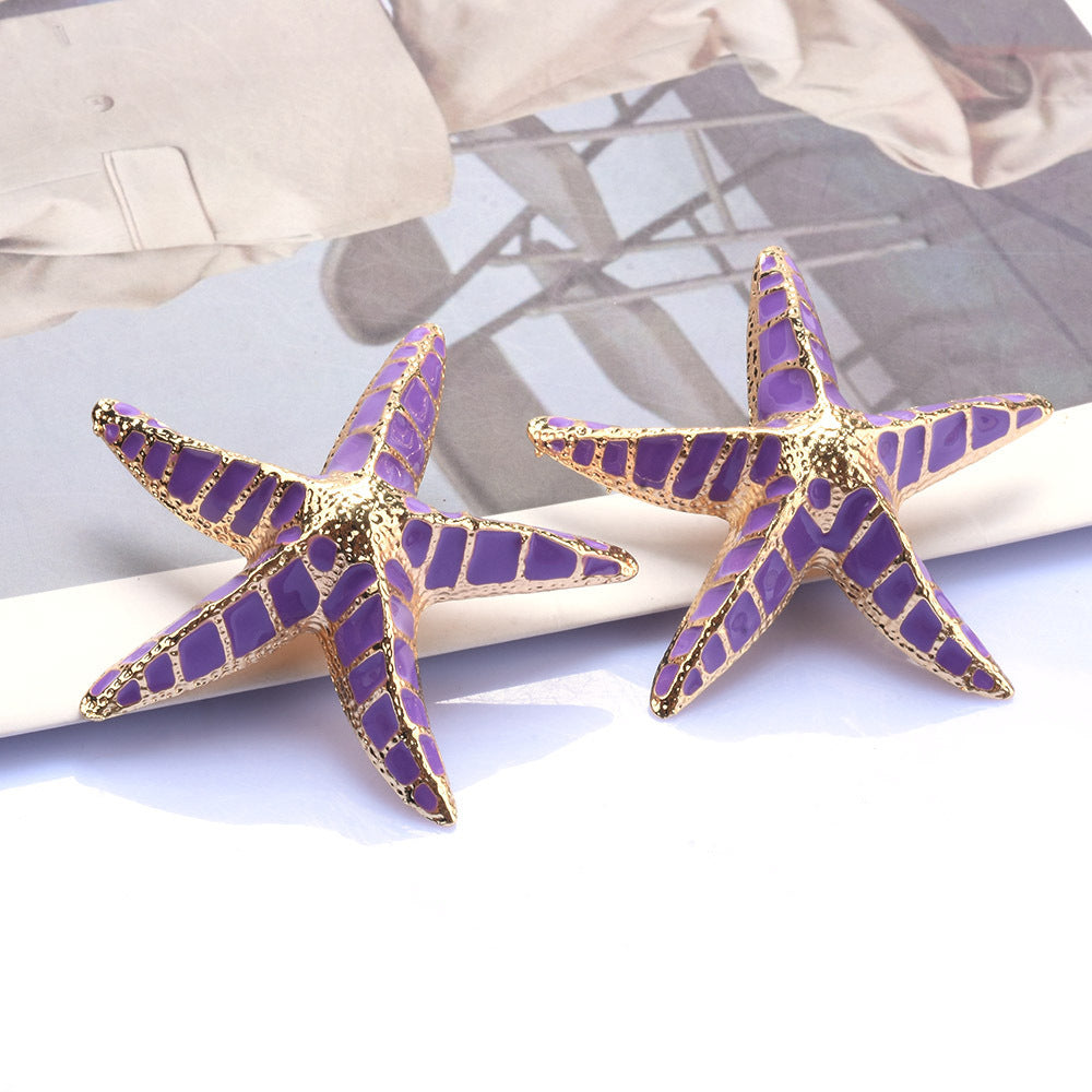 Alloy Purple Starfish Pentagram Stud Earrings