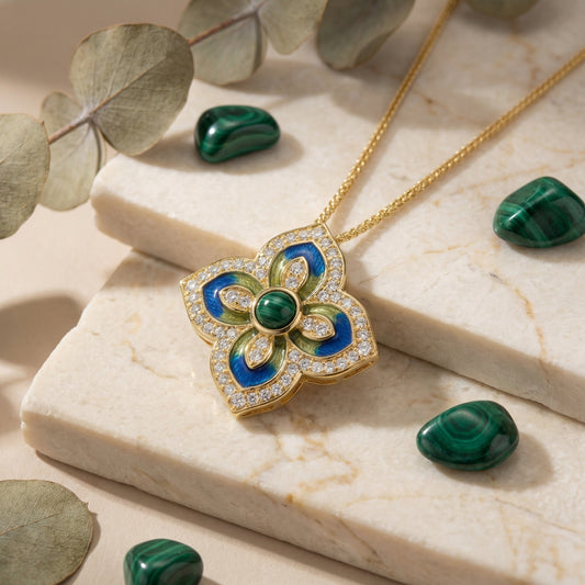 925 Sterling Silver Vibrant Blue and Green Enamel Malachite Diamond Quatrefoil Pendant Necklace
