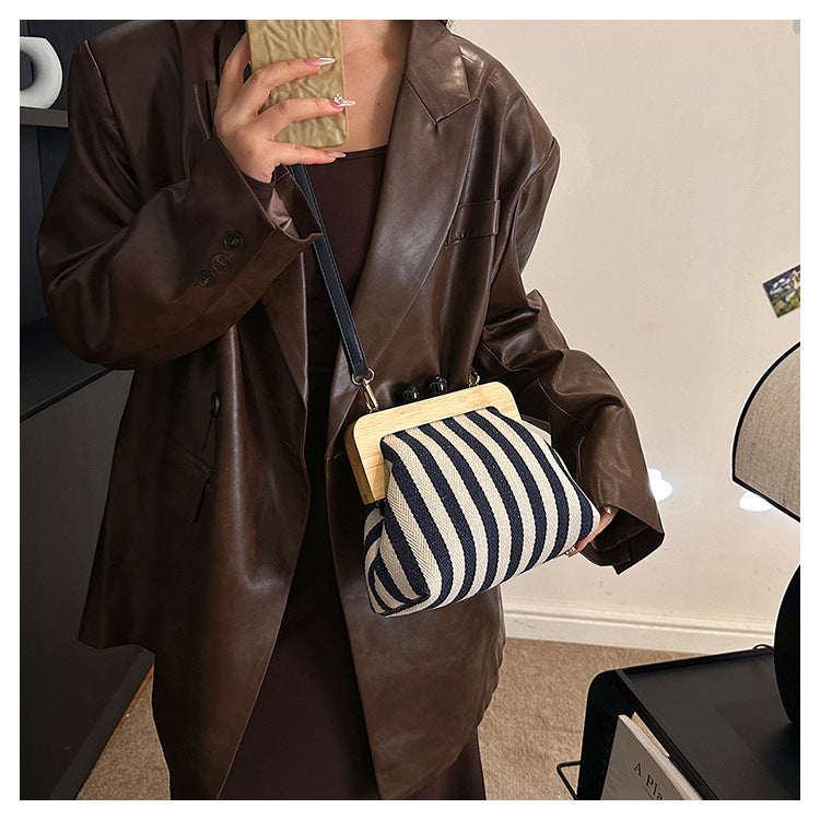 Striped Canvas Wooden Clip-mouth Clutch Bag