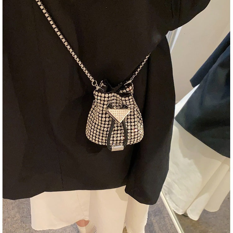 Fashionable Rhinestone Western-style Single Shoulder Chain Drawstring Bucket Bag