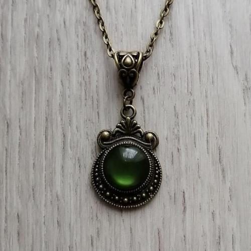 Gothic Bronze Green Stone Pendant Necklace