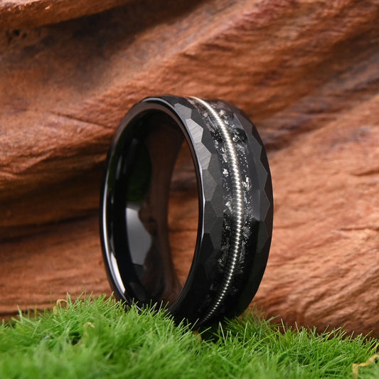 8 Wide Electric Black Tungsten Steel Inlaid Guitar Wire Ring