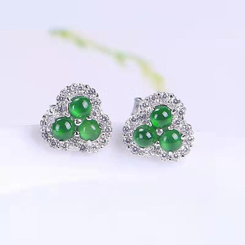 925 Sterling Silver Plated With Green Egg Shaped Jade Inlay Earrings