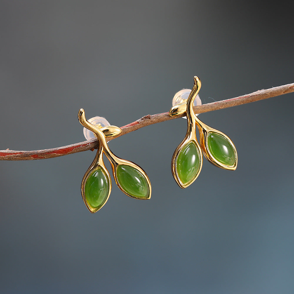 925 Sterling Silver Hetian Jade Bud Stud Earrings