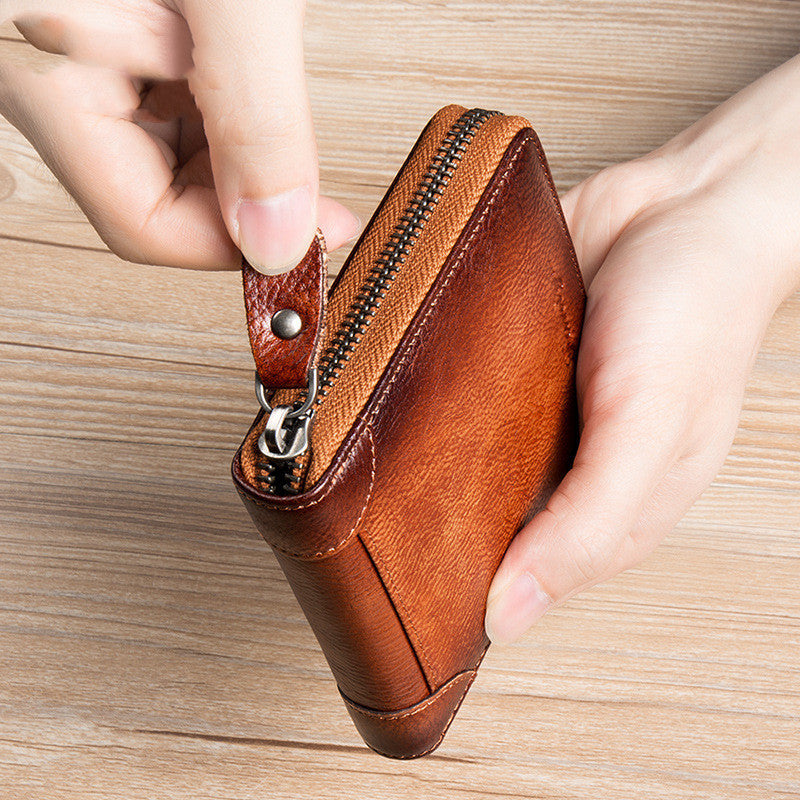 First Layer Cowhide Zipper Card Holder Driver's License Wallet