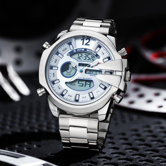 Men's Double Display Alarm Clock Led Sports Steel Watch Waterproof