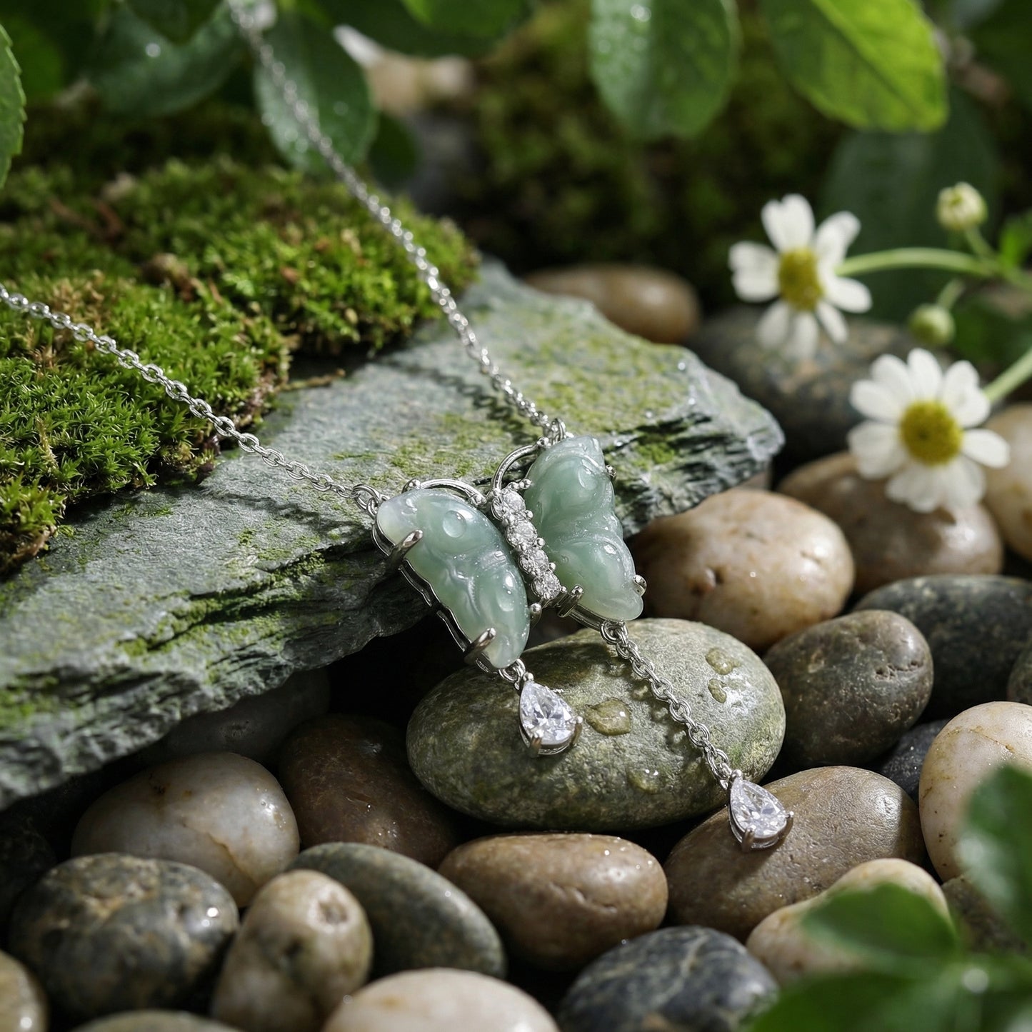 925 Sterling Silver Elegant Green Jade Butterfly Pendant Necklace with Asymmetric Crystal Drops