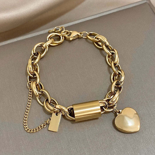 Stainless Steel Peach Heart Cuban Link Chain Bracelet Suit