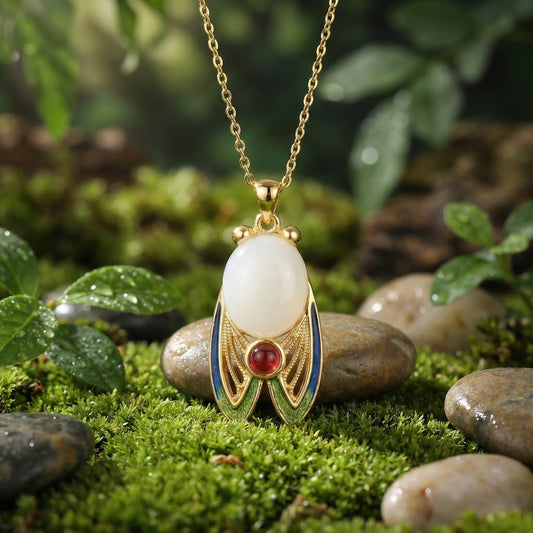 925 Sterling Silver Exquisite Enamel Cicada Pendant Necklace with White and Red Gemstone Accents