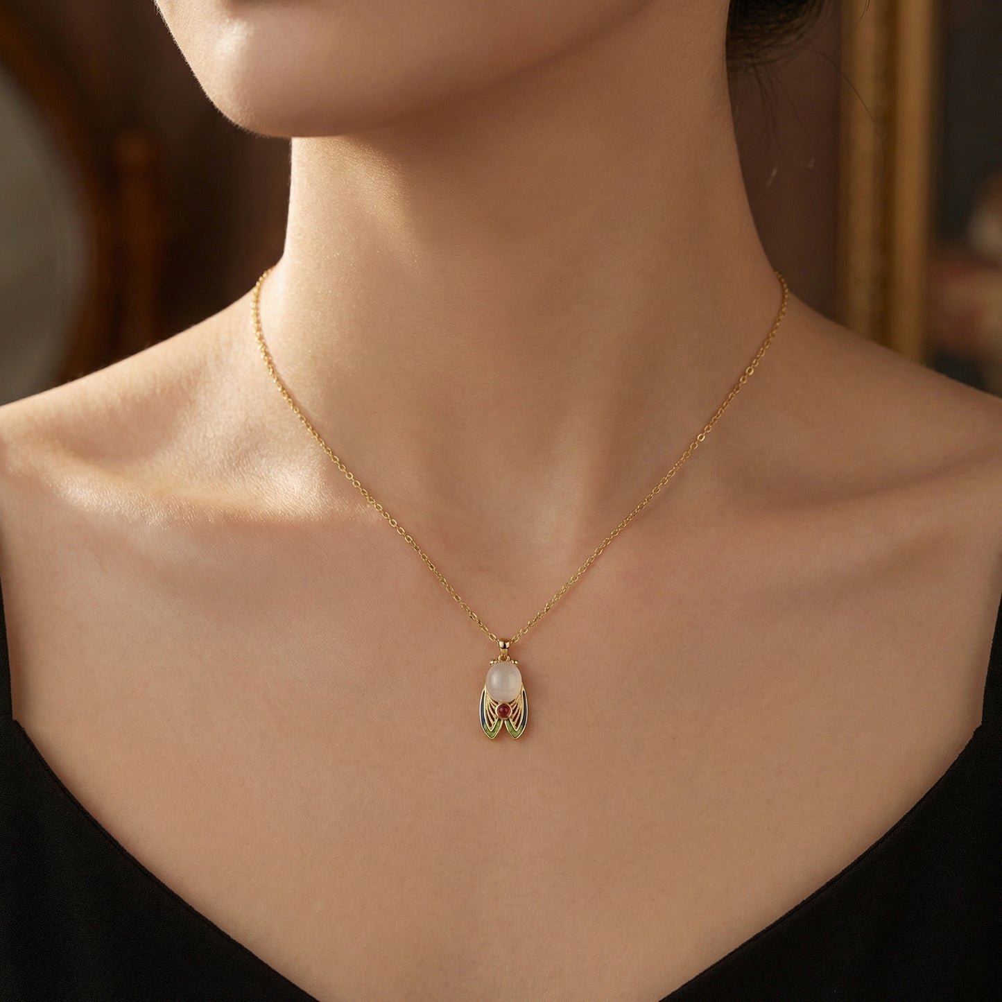 925 Sterling Silver Exquisite Enamel Cicada Pendant Necklace with White and Red Gemstone Accents