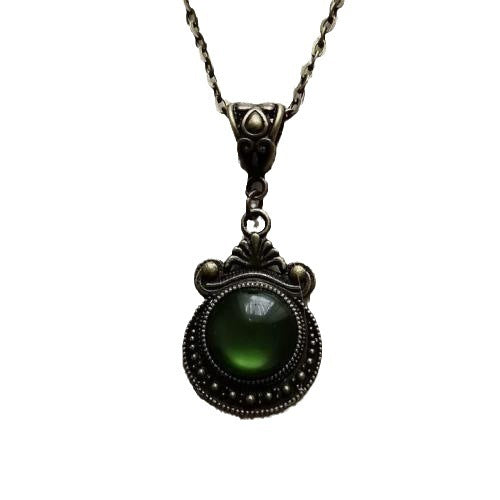 Gothic Bronze Green Stone Pendant Necklace