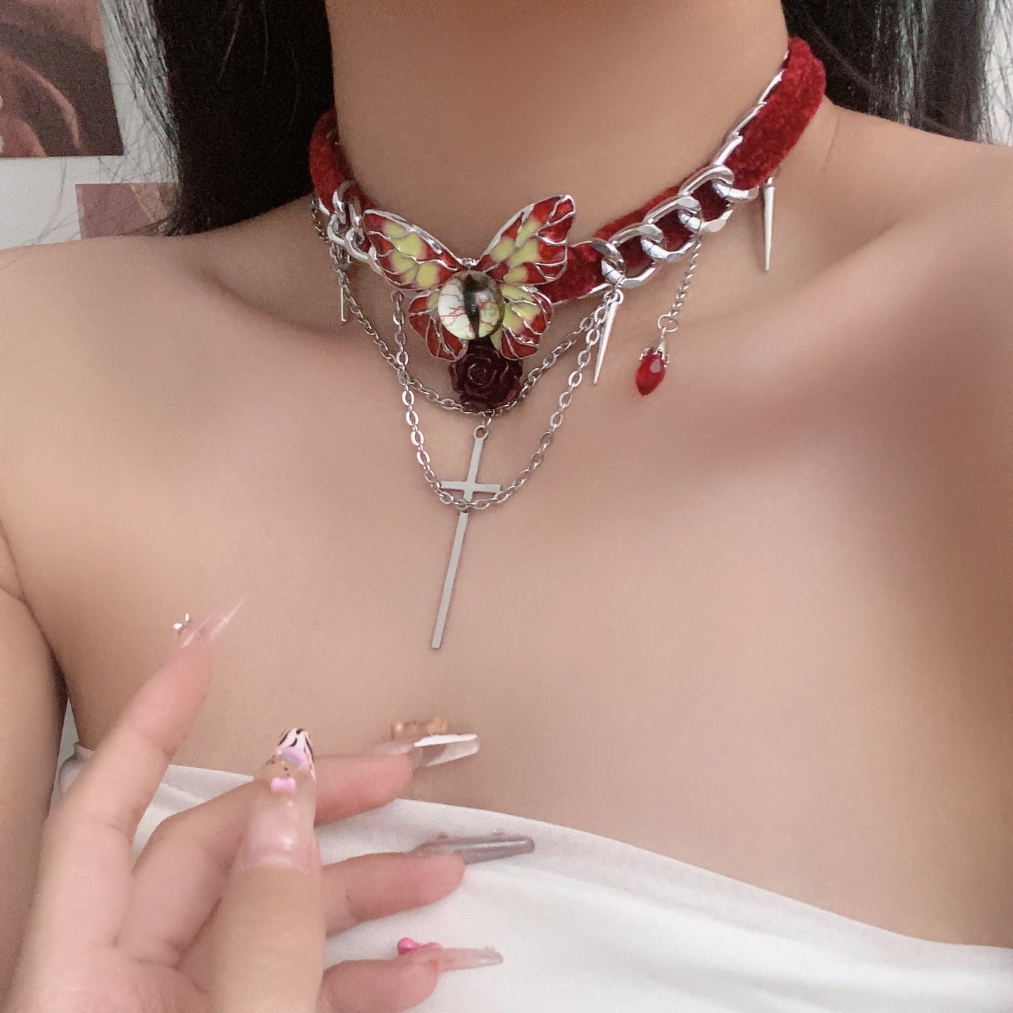 Female Creative Dark Punk Cross Butterfly Collar Necklace