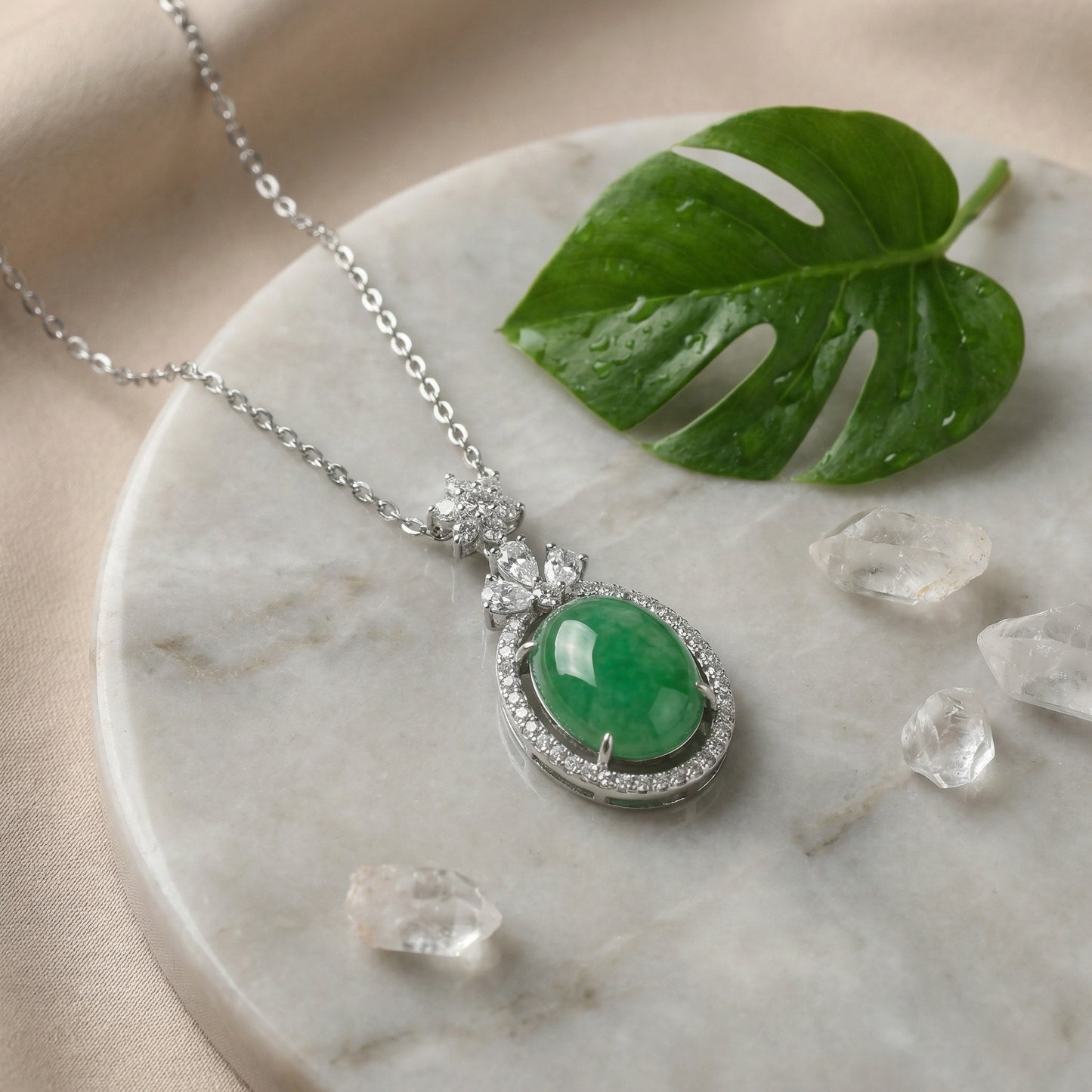 925 Sterling Silver Elegant Oval Green Jadeite Pendant with Diamond Halo and Ornate Bail