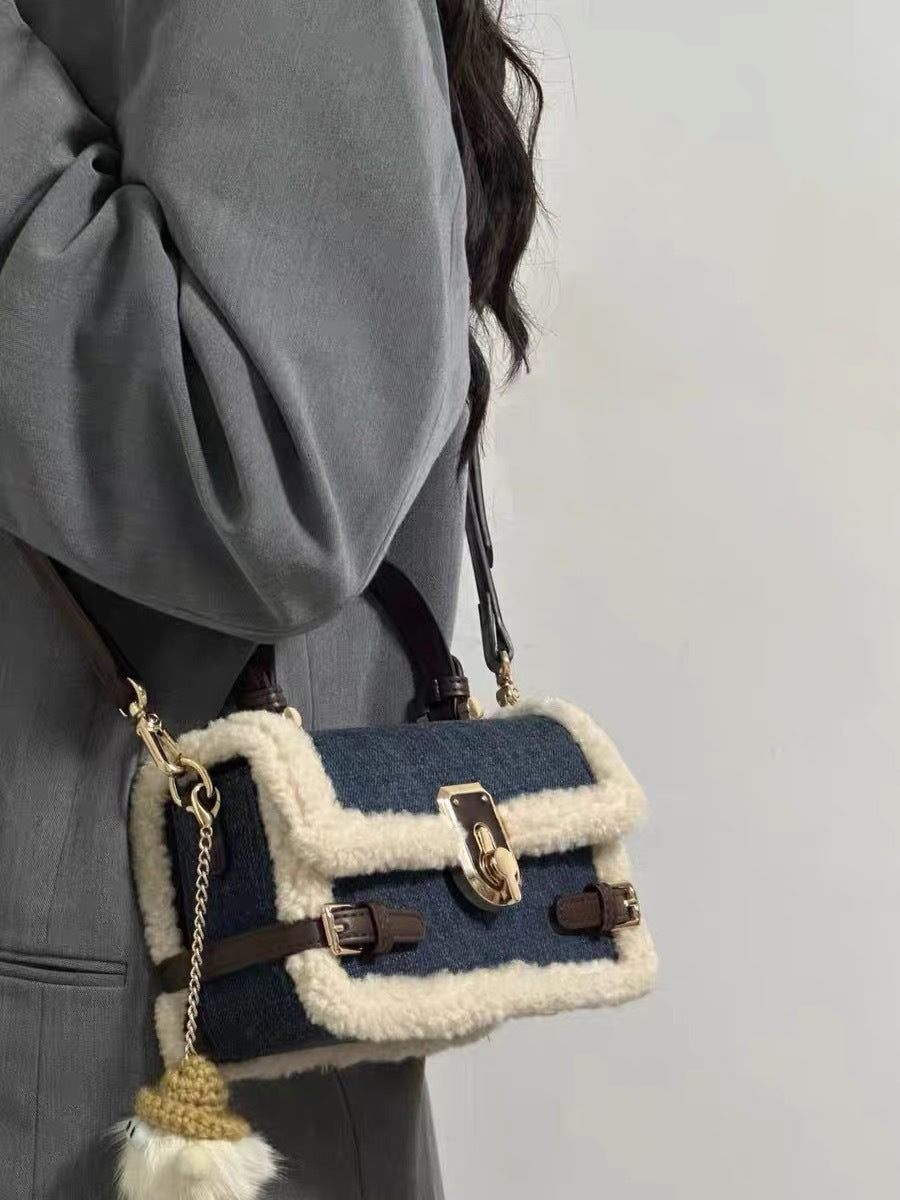 Patchwork Denim Lamb Wool All-match Messenger Bag