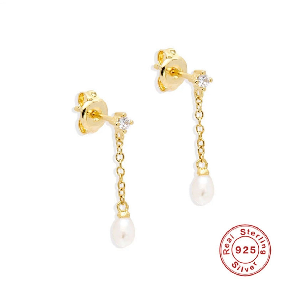 S925 Sterling Silver Tassel Diamond Temperamental Pearl Stud Earrings
