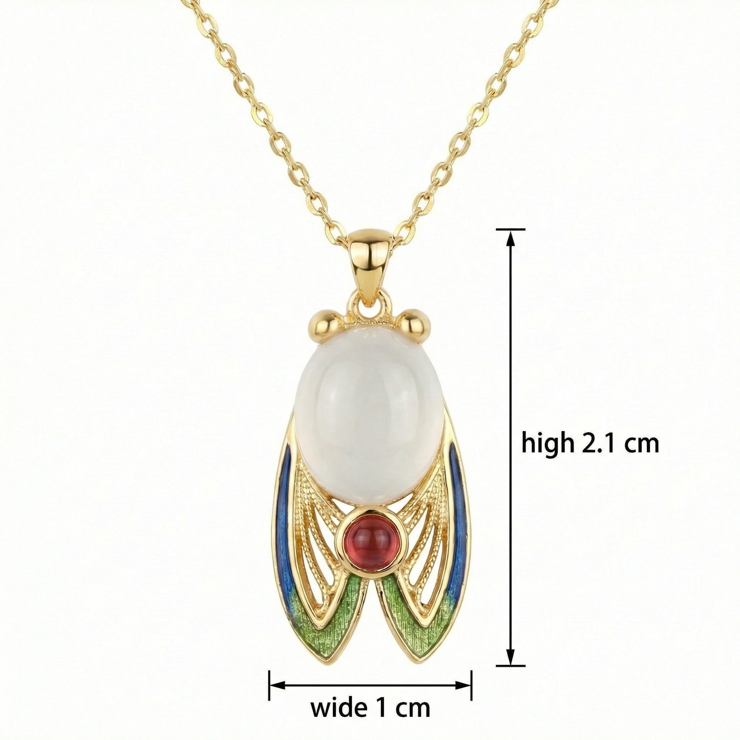 925 Sterling Silver Exquisite Enamel Cicada Pendant Necklace with White and Red Gemstone Accents
