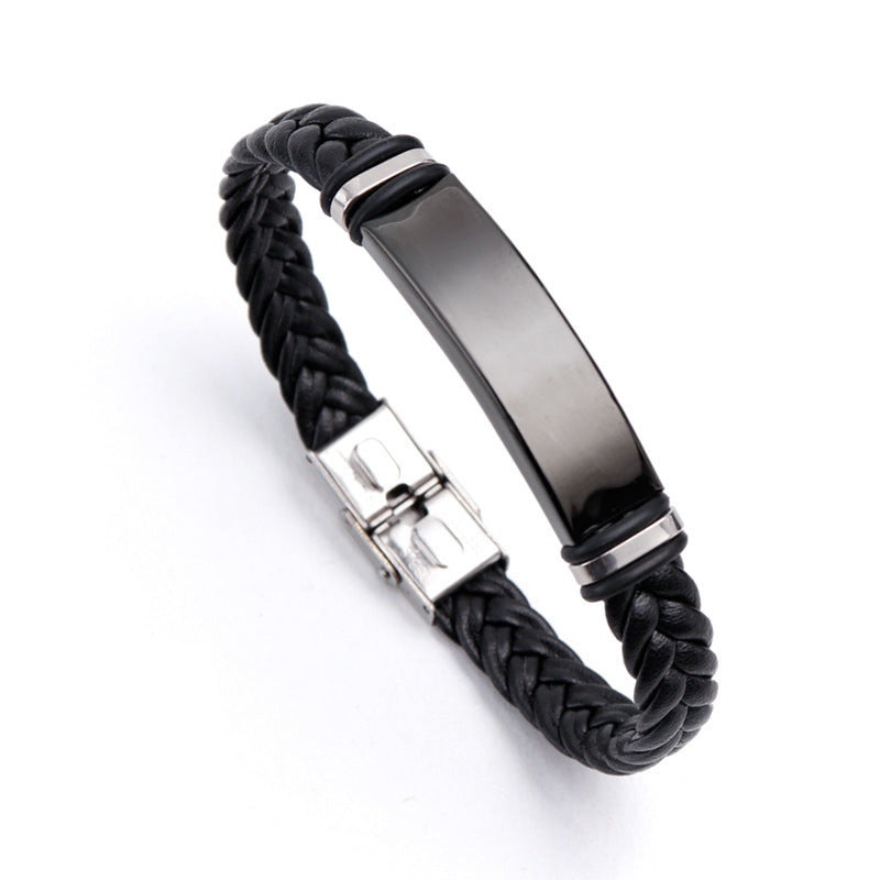 Men's Titanium Light Plate Lettering Stainless Steel Leather Braided Rope Bracelet