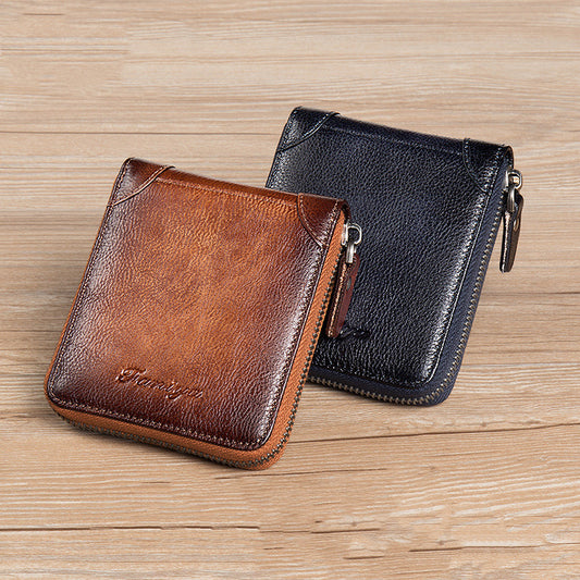 First Layer Cowhide Zipper Card Holder Driver's License Wallet