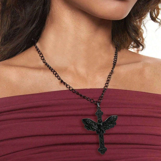 Creative Dark Punk Cross Moth Necklace