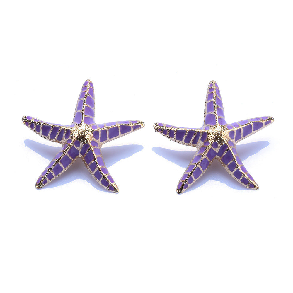 Alloy Purple Starfish Pentagram Stud Earrings