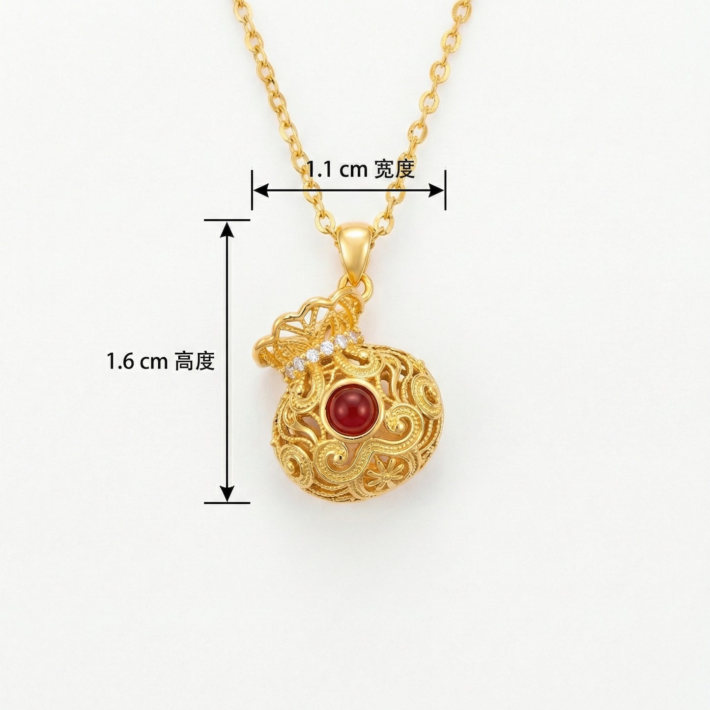 925 Sterling Silver Elegant Filigree Money Bag Necklace with Vibrant Red Gemstone and Sparkling Accents