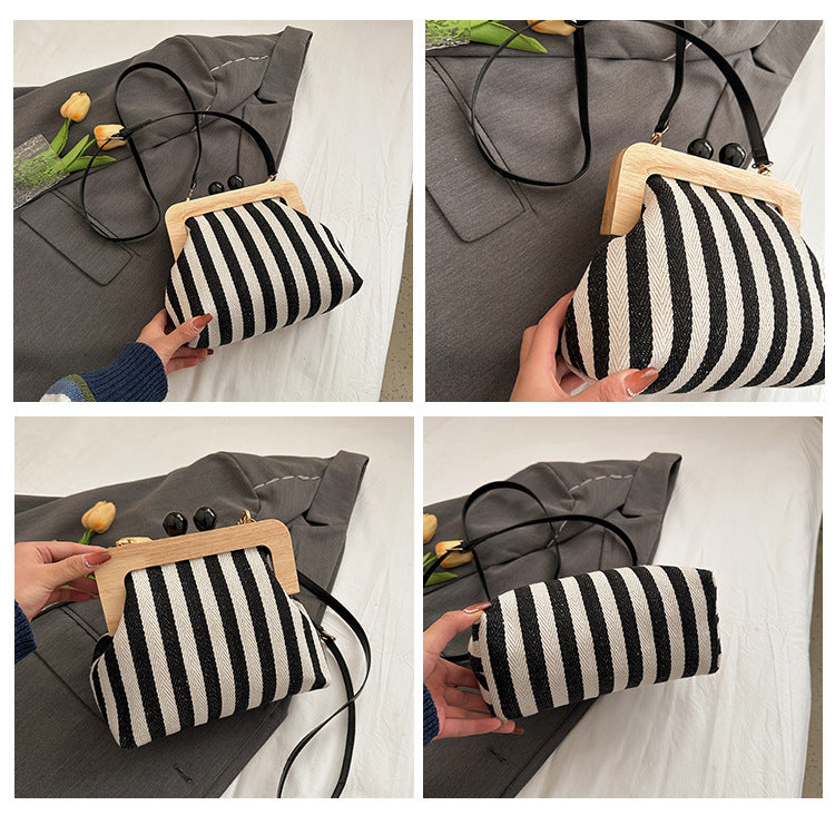 Striped Canvas Wooden Clip-mouth Clutch Bag