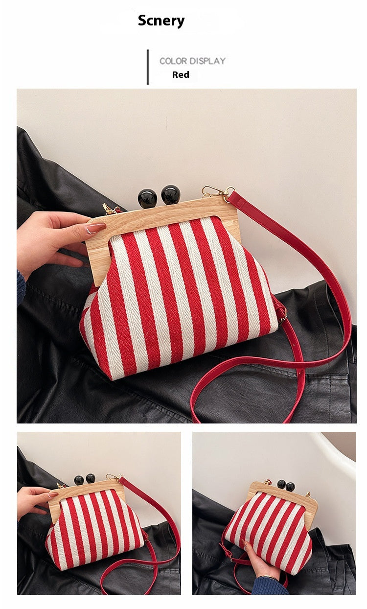 Striped Canvas Wooden Clip-mouth Clutch Bag