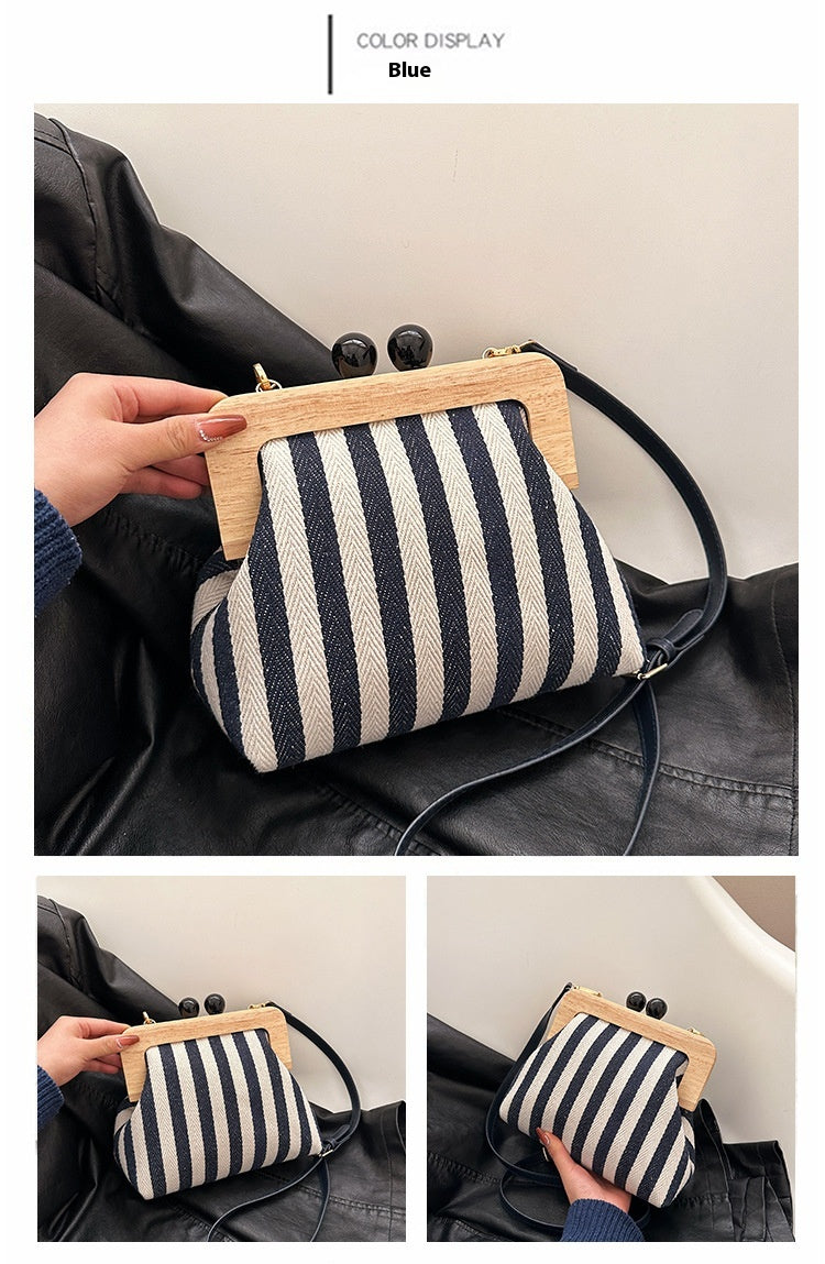 Striped Canvas Wooden Clip-mouth Clutch Bag