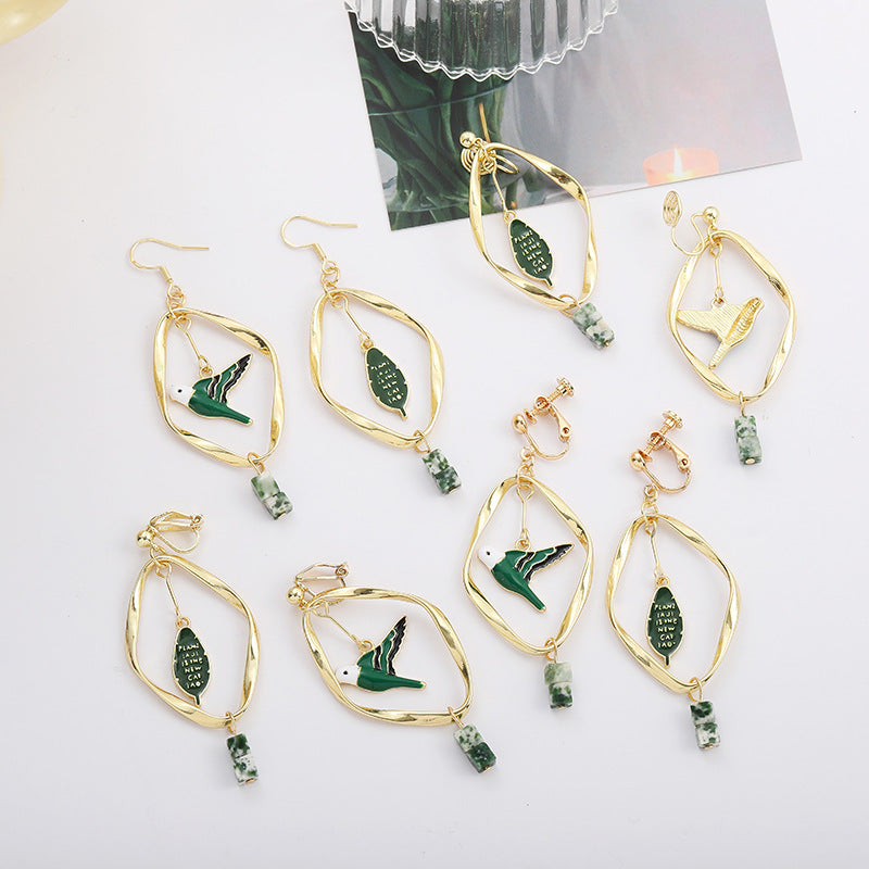 Retro Mori Style Green Bird Earrings