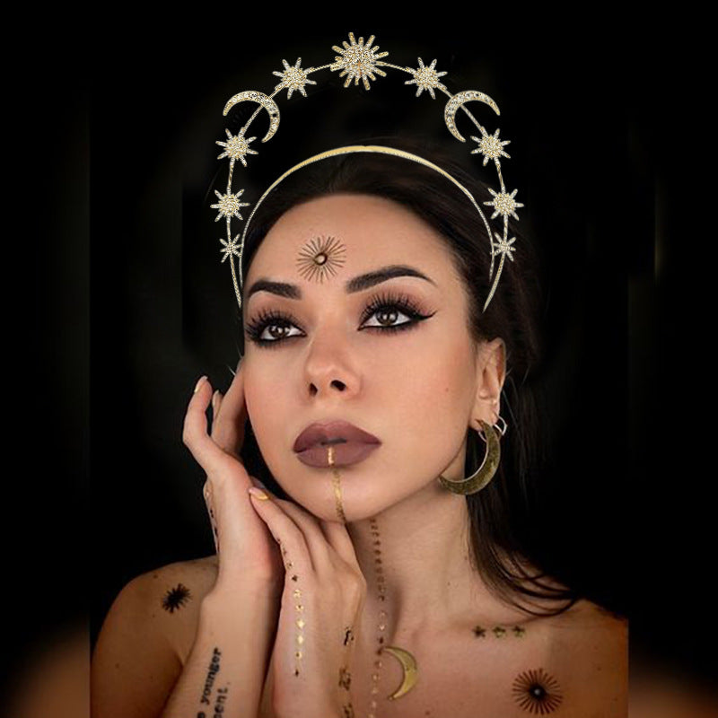 Fashion Sun Goddess Double-layer Headband Six-pointed Star Moon Alloy Crystal