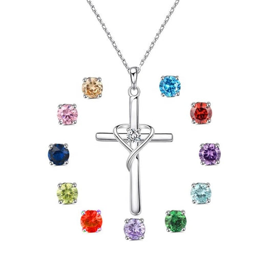 Birth Stone S925 Sterling Silver Cross Frame Pendant Clavicle Chain