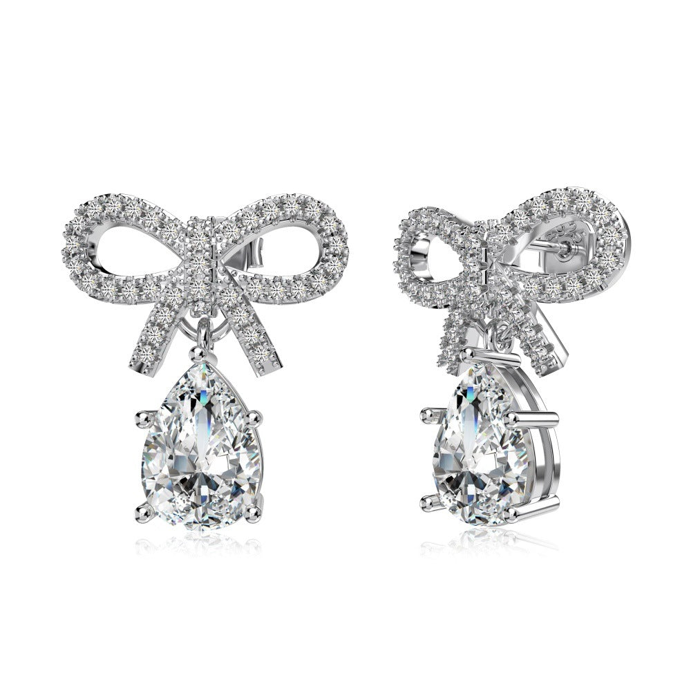 Silver S925 Pear-shaped Water Drop Bow Earrings