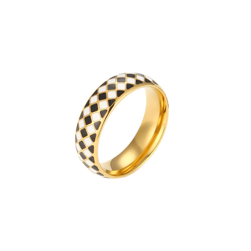 Stainless Steel 18K Gold Plating Black And White Plaid Oil Dripping Ring