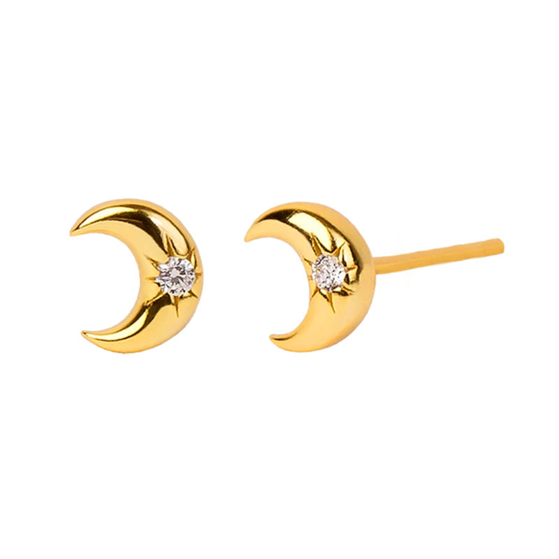 Silver Needle Inlaid Zircon Crescent Ear Studs