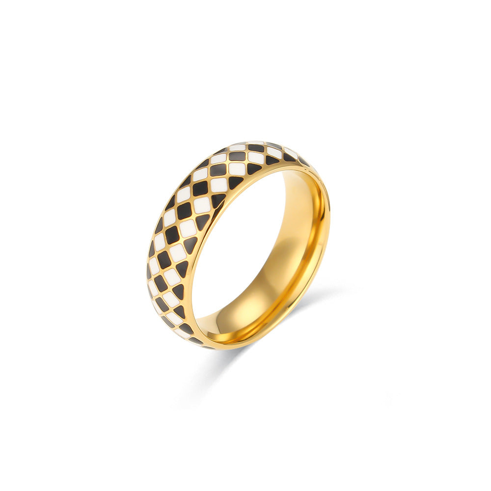 Stainless Steel 18K Gold Plating Black And White Plaid Oil Dripping Ring