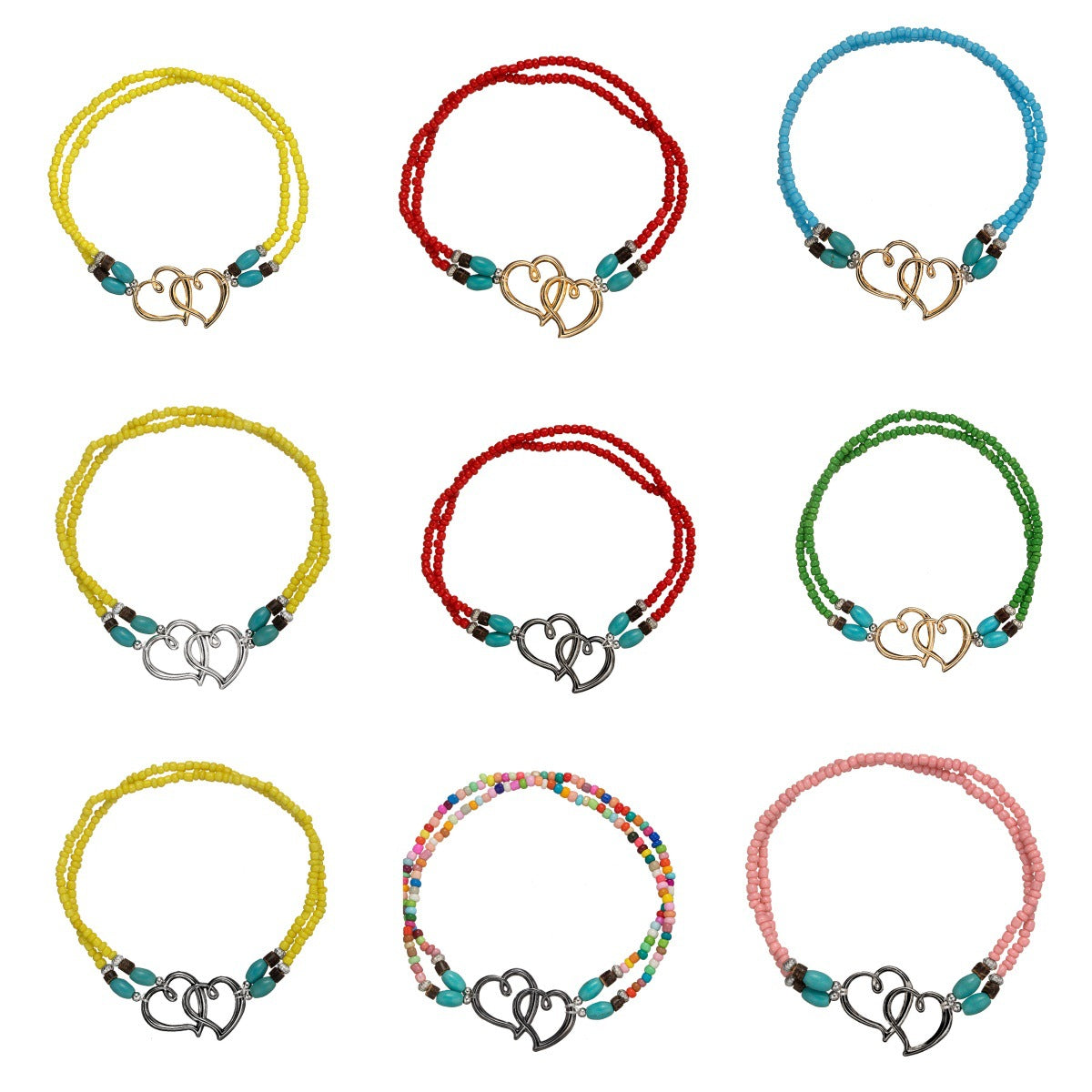 Double Heart Bead Turquoise Elastic Anklet